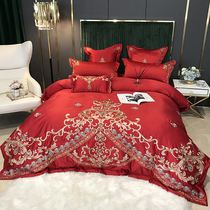 Upscale European-style wedding with four sets of large red all-cotton pure cotton embroidery quilt cover 1 8m bed hat wedding bed with supplies