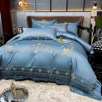 Upscale European-style pure cotton embroidery with four sets of summer antibacterial real silk quilt cover full cotton bare sleeping ice silk bed Bamboo Hat