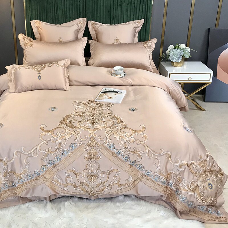 High-end embroidery wedding four-piece set pure cotton bed sheet silk quilt cover simple European bedding fitted sheet
