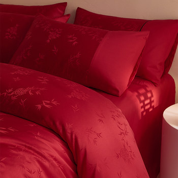 High-End Washed Cotton Jacquard Wedding Four-Piece Set Red Wedding Quilt Cover Bed Sheet Fitted Sheet Newlywed Wedding Quilt Bedding