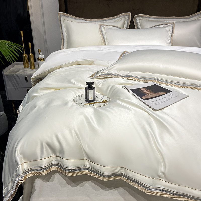 Modern light luxury style cotton bed sheet four-piece set pure cotton simple embroidery silk quilt cover bed hotel bedding