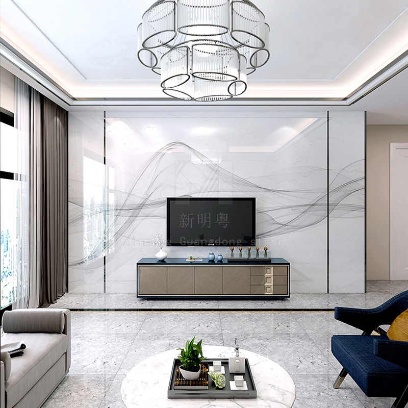 Modern minimalist living room TV background wall tile ink infiltration stone UV large slab light luxury video wall decoration marble