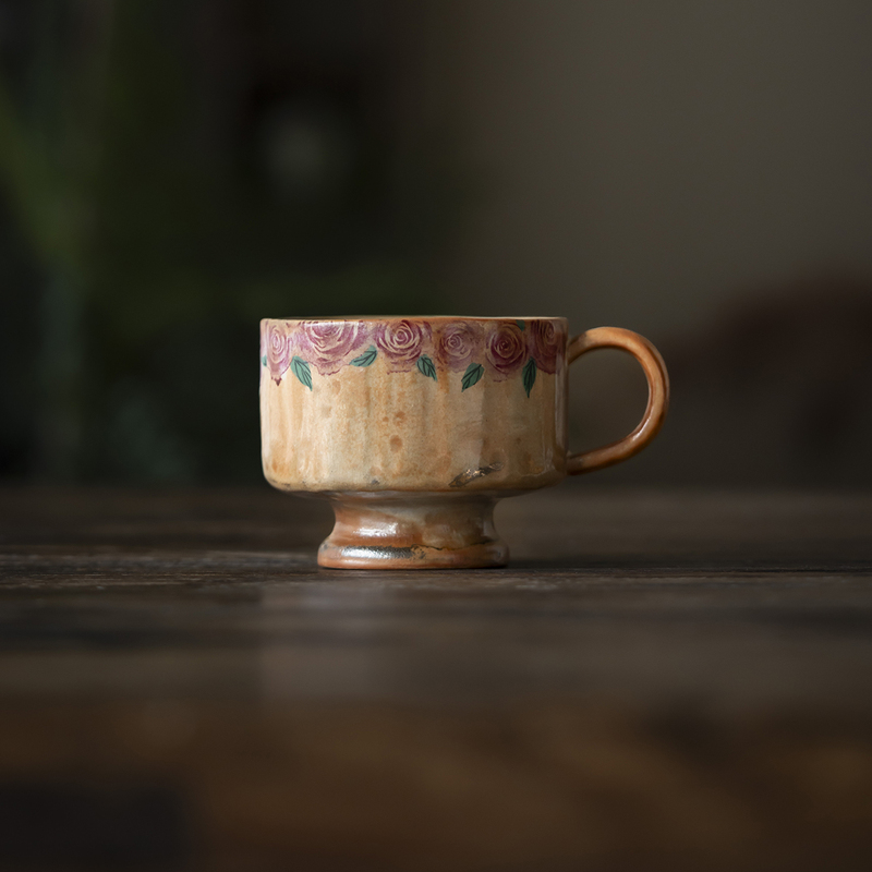 Akashino Retro Handmade Ceramic Coffee Cup, High-End and Exquisite Designer Hand-Painted Rose Flower Water Cup, Mug