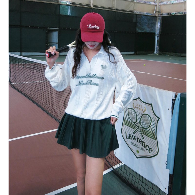 College Style Casual Tennis Sports Suit Autumn and Winter Relaxed Letter Cut Out Polo Sweatshirt Pleated Skirt Two-Piece Set