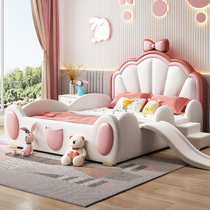Childrens Bed Girl Princess Bed Modern Slide Terraced Bed Dream Castle Solid Wood Genuine Leather Butterfly Knot Powder ribbon guardrail bed