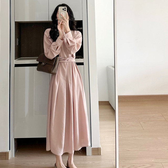 2023 women's new tea break French retro formal occasion texture high-quality pink long-sleeved dress spring and summer