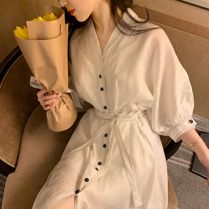2021 early spring new French socialite first love small gentle temperament a-word white shirt dress summer