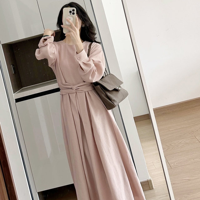 2023 women's new tea break French retro formal occasion texture high-quality pink long-sleeved dress spring and summer