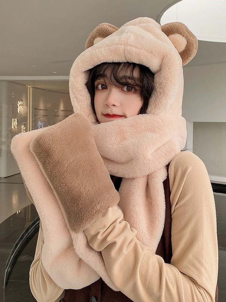 Hat scarf gloves three-in-one small bear furry walled neck integrated with three sets of gush thickened winter warm women
