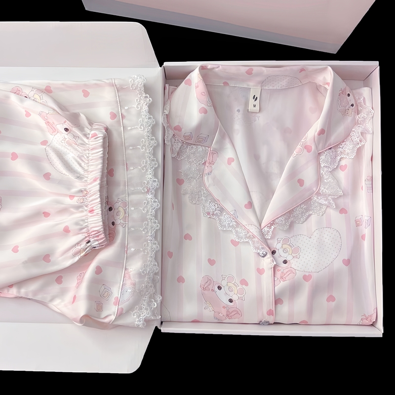 Melody Silk Pajamas Pink with Chest Pads Cute Long-Sleeved Gift for Girlfriend Birthday Present Summer New Style Home Wear