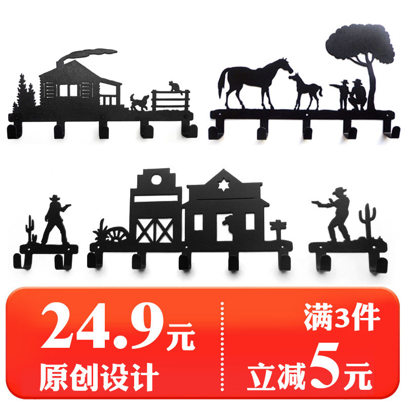Non-perforated wall without trace clothes hanging sticky hook Wall Wall creative decoration wrought iron adhesive hook pastoral landscape original design