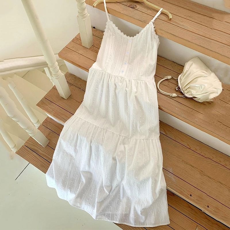 Strappy Dress 2026 Summer New Style Petite Sweet and Fresh White Strappy Dress with a Waist-Cinching Fairy-Like Look