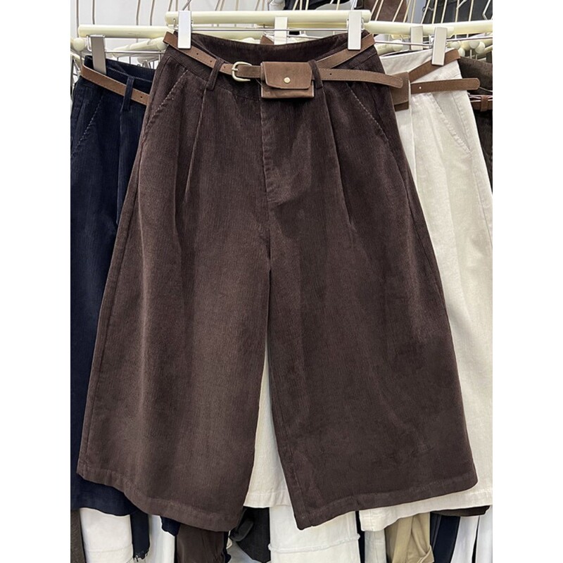 Meilade Retro High-Waisted Corduroy Wide-Leg Pants for Women, Autumn and Winter, Loose Fit, Slimming, Petite, Cropped Pants with Belt