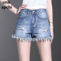 Ripped denim shorts for women Loose straight tube thin Korean version casual large size fat mm outside wear burrs high waist hot pants for women