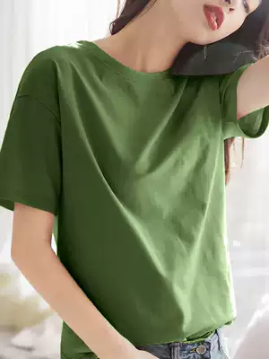 Green mercerized pure cotton short-sleeved T-shirt women's summer new Korean ins tide round neck large size Hong Kong style bottoming shirt top