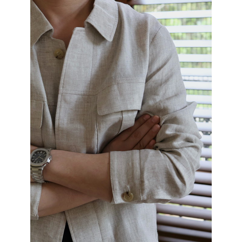 Grazie Realm Bc|French-Style Elegant Windbreaker in 100% Linen Oatmeal Gray Breathable Jacket Grazie Realm Bc|French-Style Elegant Windbreaker in 100% Linen Oatmeal Gray Breathable Jacket