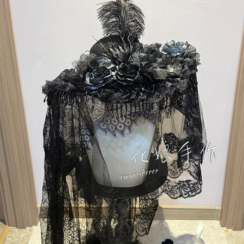 In-Stock Handmade Black Widow Hat with Sewn Edges, Lolita Court Hat, Gothic Style Large Brim with Veil In-Stock Handmade Black Widow Hat with Sewn Edges, Lolita Court Hat, Gothic Style Large Brim with Veil