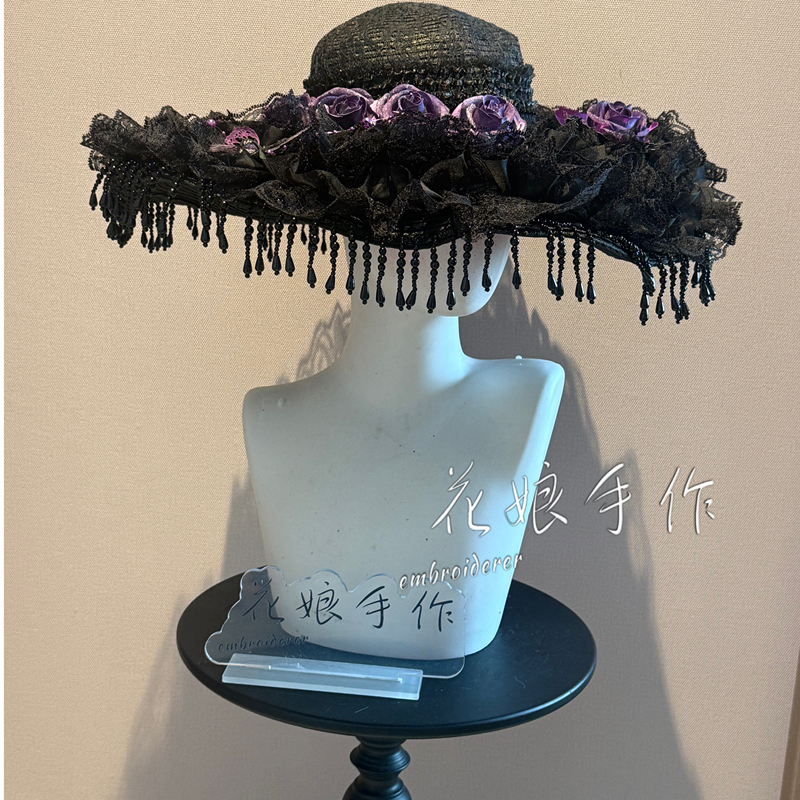 Original Handmade Stitched Lolita Gothic Halloween Cosplay Widow Hat Dark Purple Veil Witch Hat