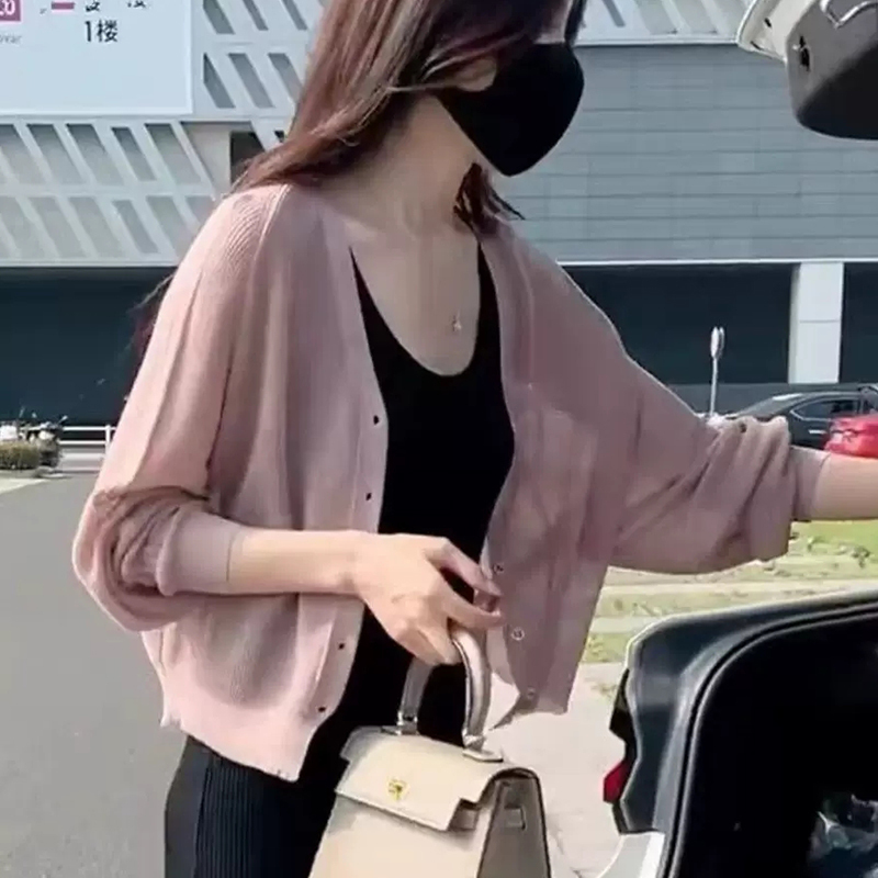 Thin Ice Silk Knitted Cardigan Jacket for Women, Summer Short Linen Outerwear Shawl Top with Suspender Skirt, Sun Protection Cover-Up Thin Ice Silk Knitted Cardigan Jacket for Women, Summer Short Linen Outerwear Shawl Top with Suspender Skirt, Sun Protection Cover-Up