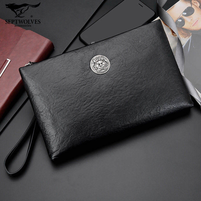 Seven Wolves Men's Handbags Real Leather Bag Business Casual Hands Catch Bull Leather Hand Grab Bag Large Capacity Wallet Tide