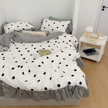 (Deer) Full Screen Romantic ~ Plaid Wave Dot Lace Pure Cotton Four Sets Young Girl Hearts full cotton bed Supplies