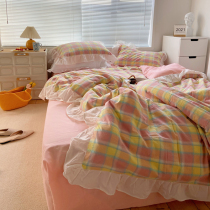 (Deer and) ins Peach Color Teenage Girl Hearts Lace Pure Cotton Four Pieces JK Wind Pure Cotton Washed Cotton Sheet Quilt Cover