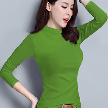 Avocado green half high collar base shirt women long sleeve 2019 new cotton autumn clothes tight Joker shirt top tide