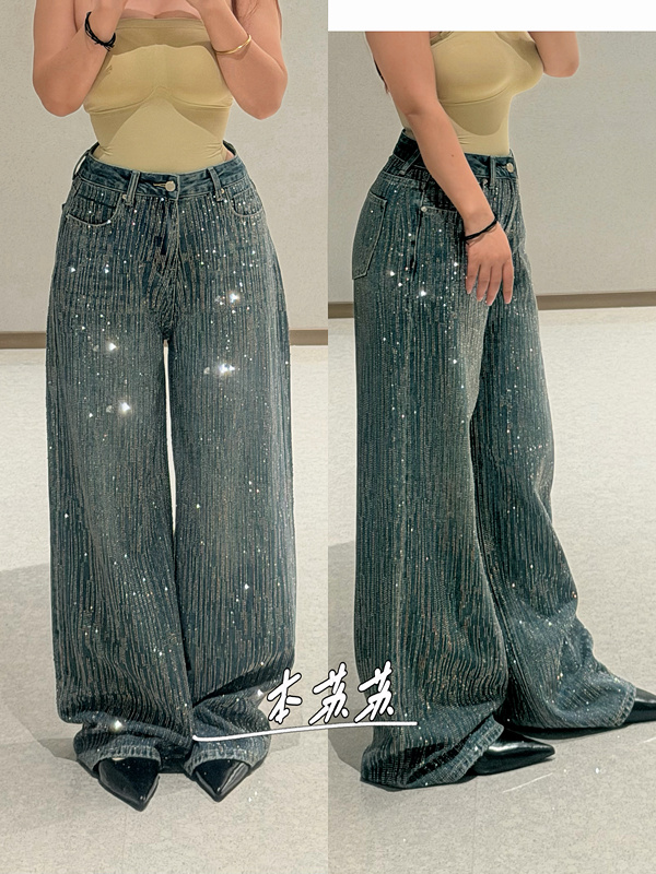 【Bensusu】Paris-Style Dazzling Full Diamond and Half-Diamond Design, Niche Super Shiny Diamond Heavy-Duty Loose Wide-Leg Jeans 【Bensusu】Paris-Style Dazzling Full Diamond and Half-Diamond Design, Niche Super Shiny Diamond Heavy-Duty Loose Wide-Leg Jeans