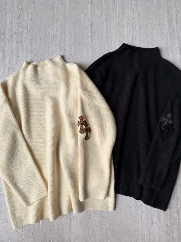 Autumn and Winter Genuine Leather and Horsehair Cross-Decorated Mid-Collar Wool Pullover, Warm and Loose-Fitting Sweater, Unisex