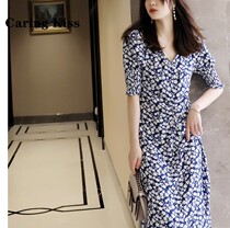 Caring Kiss daylight floral sleeves very special sea anemone blue flower floral V collar in long style with dress and summer