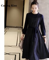 Caring Kiss autumn and winter elegant temperament Less Bright Silk Sensation slim collection of Agaric Collar Long neckline dress