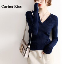 Caring Kiss Autumn Skin V - Lap Strip Strip Reduced Imported Wool Knitted Sweater