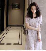 Carling Kiss2022 New Elegant Cloves Purple Printed South method V collar Shackle Cashing and Dress Skirt