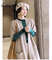 Caring Kisse 2020s new thin and loose needle shoulder sleeve without button long pocket sweater