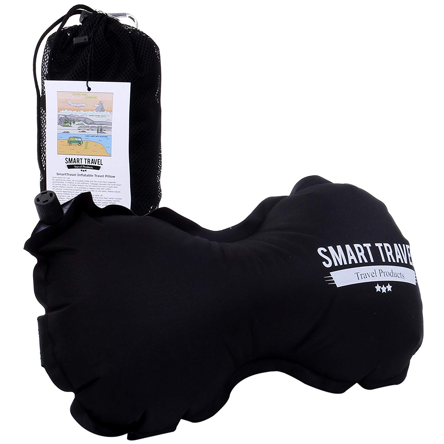 Japan SmartTravel Inflatable Bone Shaped Travel Portable Headrest Waist Leaning Back Cushion Black Beige