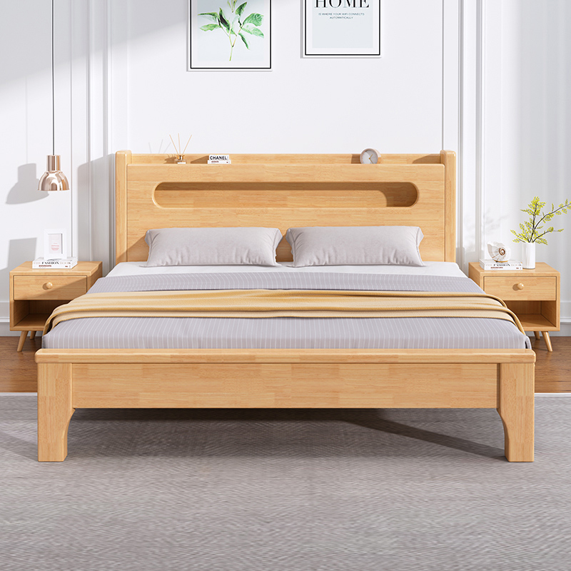 Wolf all solid wood bed Nordic 1 5 m 1 8 rubber wood light luxury bed modern minimalist master bedroom storage double bed