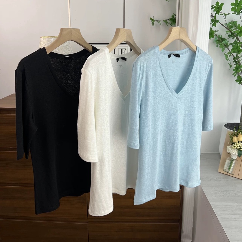V-Neck Stretch Linen Solid Color Short-Sleeve T-Shirt for Women, Soft and Breathable, Relaxed and Versatile Basic Style, Weekend Wear