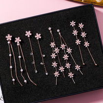 925 Silver Needle Korean Pink Crystal Sakura Petals Long Tassel Earrings Frosted Diamond Flower Earrings Female