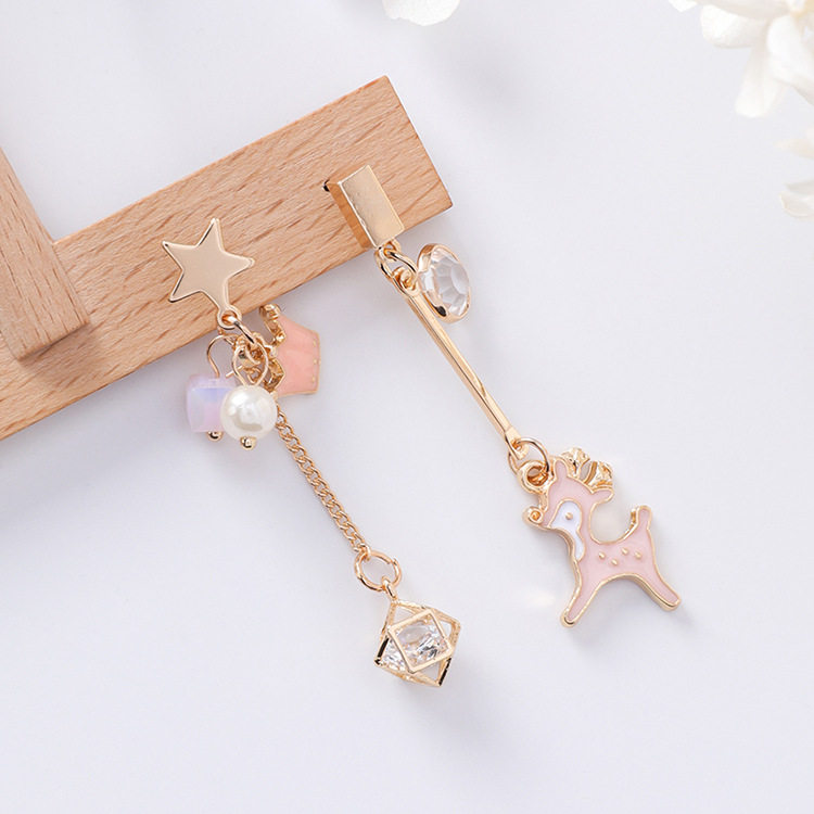 Korean version of personality asymmetrical cartoon deer earrings Feminine temperament wild star crown Crystal tassel earrings drop earrings