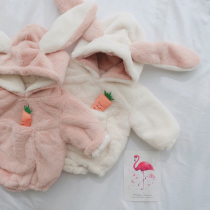 Baby one-piece coat Female baby winter plush plus velvet thickened warm climbing suit cute ear triangle jumpsuit