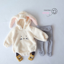 Korean custom baby coral velvet jumpsuit Baby autumn and winter plush cute ear bag fart climbing suit Hayi