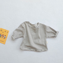 ins Korea spring and autumn baby cotton striped T-shirt men and women Baby simple joker top with base shirt