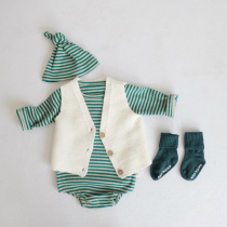 INS2021 Korean same newborn baby striped conjoined ha clothes male and female baby foreign-style fart climbing suit tire cap