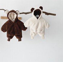 INS infant fluffy suit men and women baby thick warm bear ear sweater big pp pants soft waxy 2 piece set
