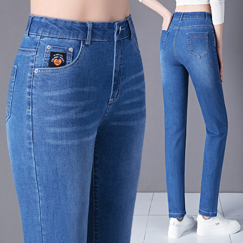 High-End Pure Cotton Straight-Leg Denim Pants for Women, New Autumn Style, Elastic High-Waisted, Middle-Aged Mom's Casual Cropped Pants
