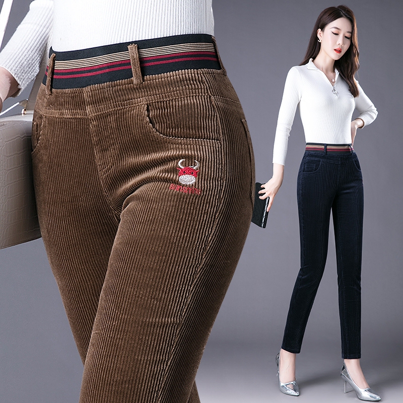 High-End Pure Cotton Corduroy Pants for Women, 2026 Spring and Autumn New Style, Elastic Waist, Middle-Aged Mom Corduroy Harem Pants