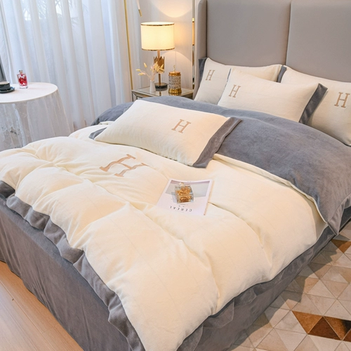 Бархатные джинсы с начесом, флисовый комплект, коралловый бархатный двусторонний удерживающий тепло зимний пододеяльник, 4 предмета, с вышивкой