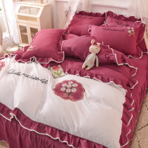 Light luxury embroidery flower naked sleeping four-piece set bed skirt plus bed sheet fitted hat Princess style girl heart pure cotton cotton