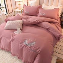 ins full cotton embroidered bed skirt four sets with bed cover style teenage girl hearts pure cotton quilt cover lace princess wind nude sleep