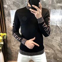 European station Tide brand handsome long sleeve T-shirt mens spring and autumn mens base shirt 2021 new semi-high collar ins body shirt